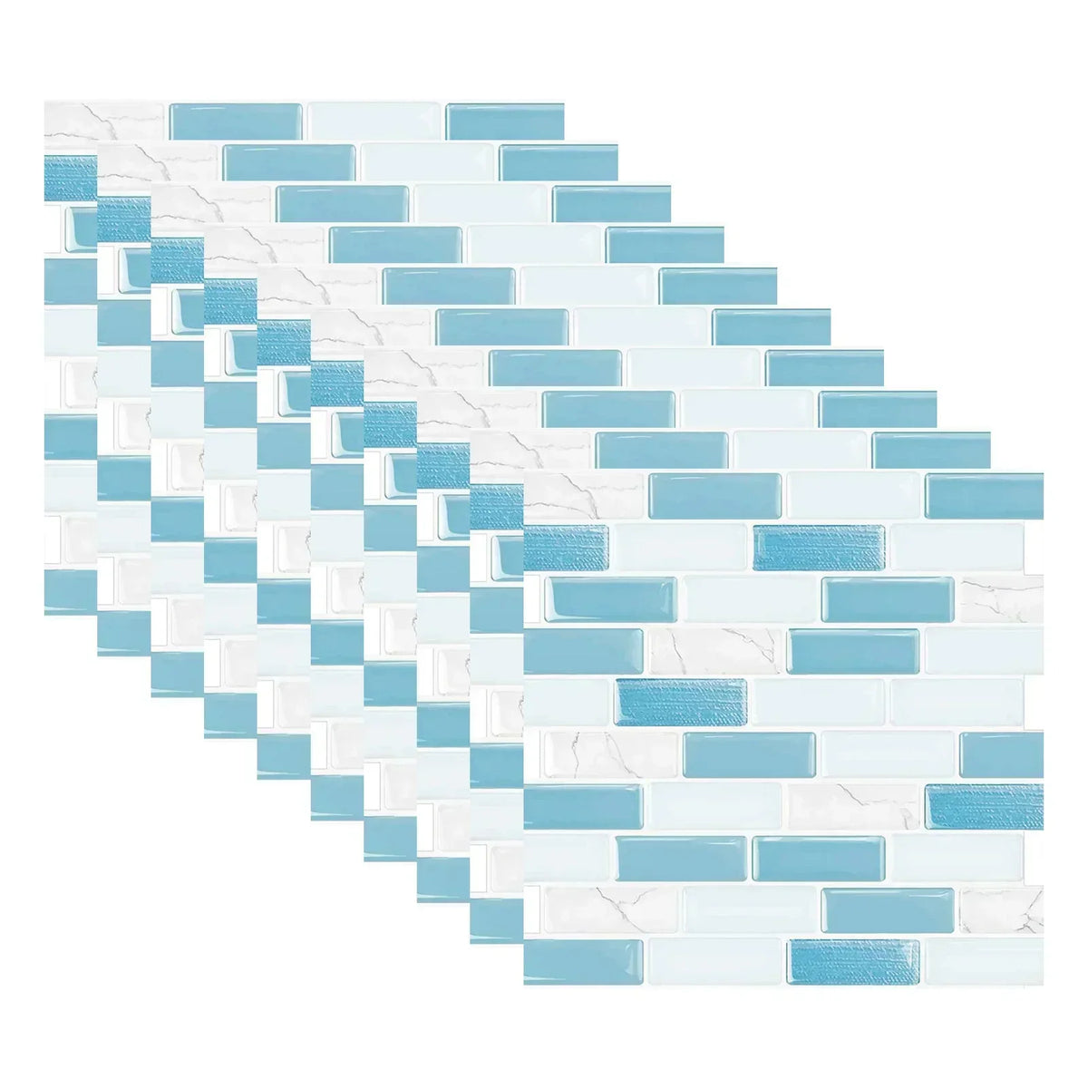 Self-adhesive marble mosaic tile stickers, light blue and white brick pattern