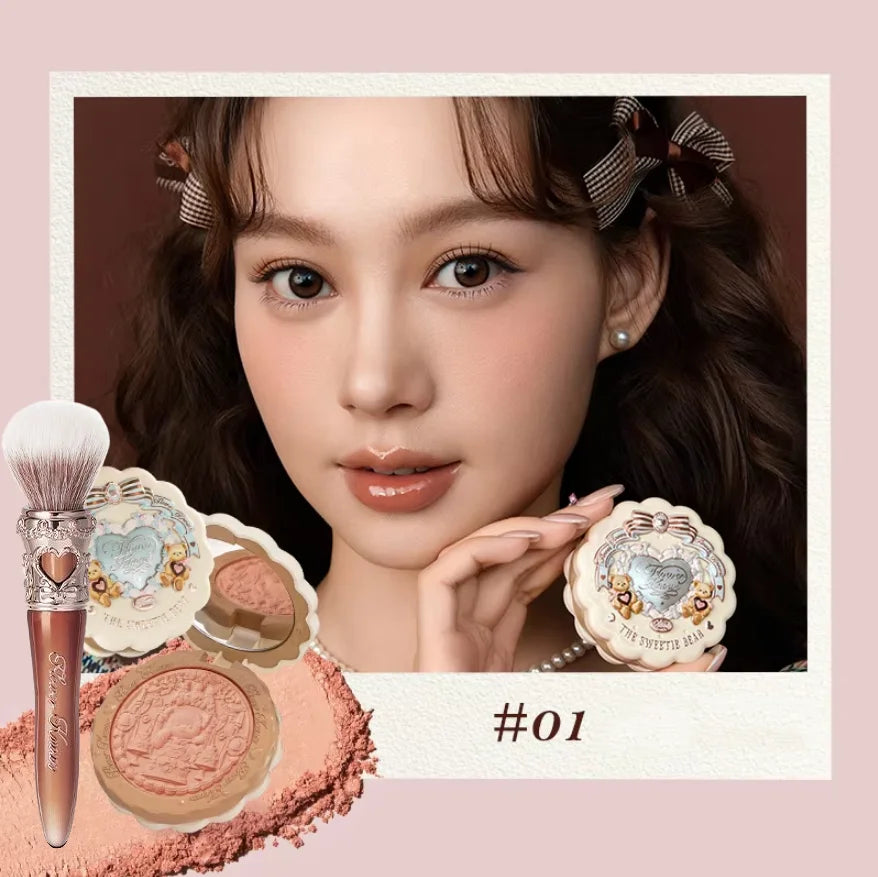 Tidesmit Flower Knows Sweetie Bear Silk Satin Blush powder in detailed texture close-up for natural matte face makeup