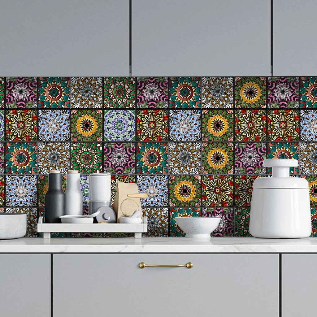 10 pcs/pack, Floral Mandala PVC Self-Adhesive Tile Stickers - Waterproof, Oil-Proof, Easy to Clean for Home Decoration