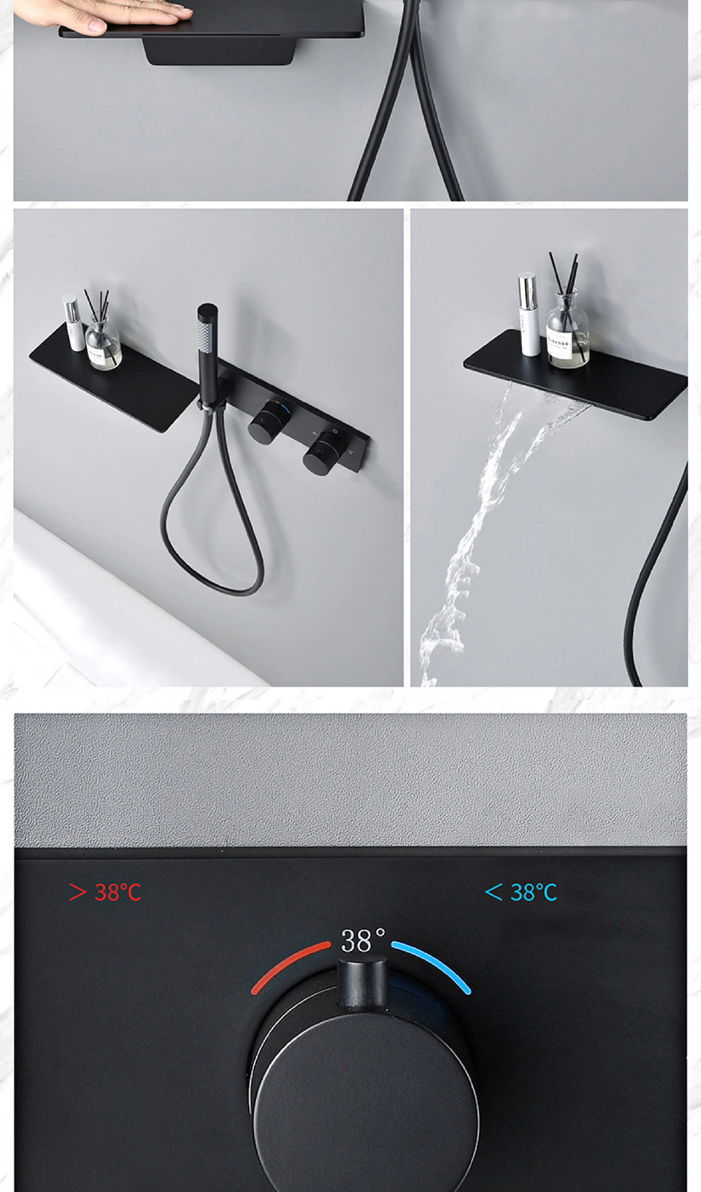 Modern Black Brass Bathroom Thermostatic Ceiling Type Shower System Wall-Mounted 3-Function Waterfall Tap for Cold & Hot Wate