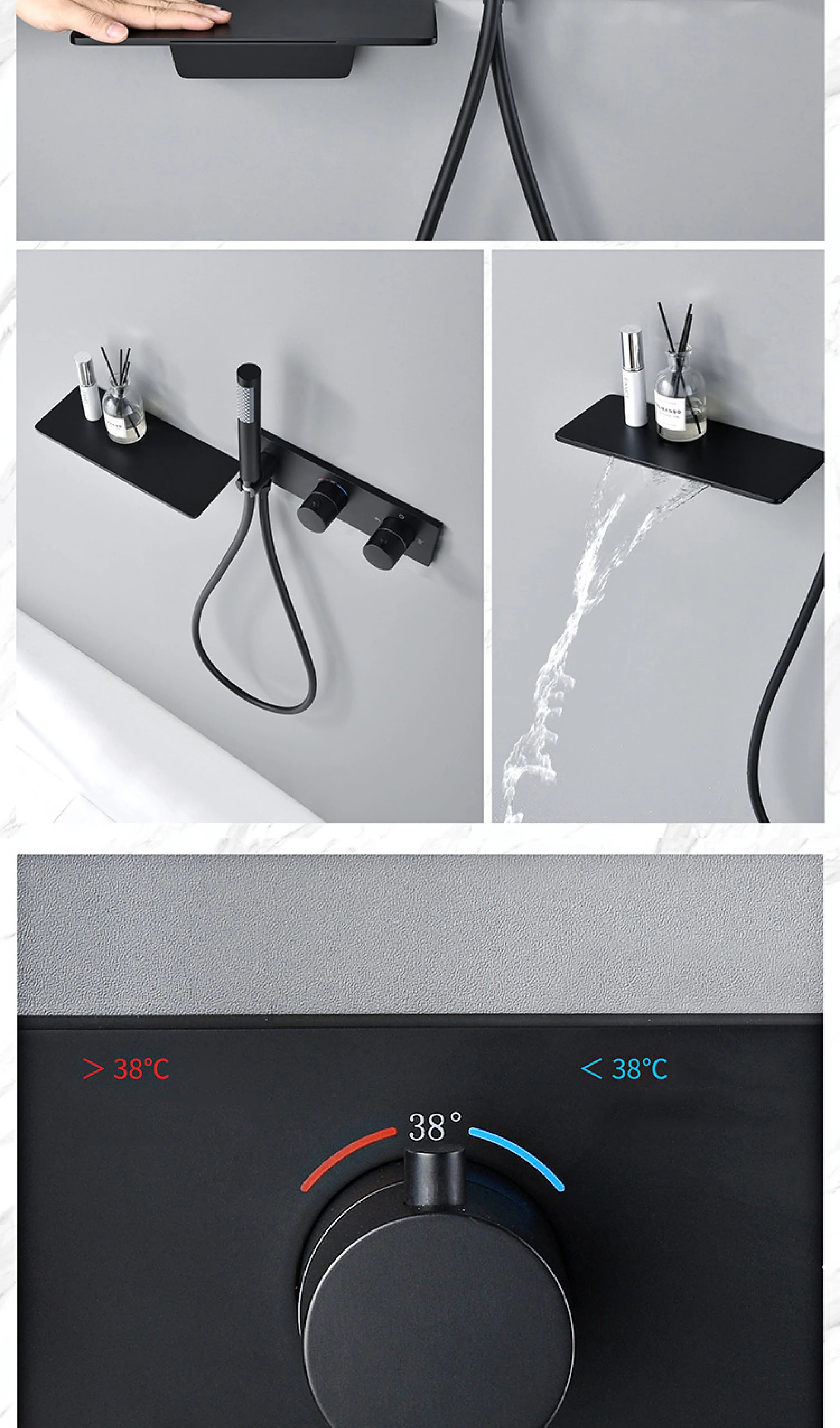 Modern Black Brass Bathroom Thermostatic Ceiling Type Shower System Wall-Mounted 3-Function Waterfall Tap for Cold & Hot Wate