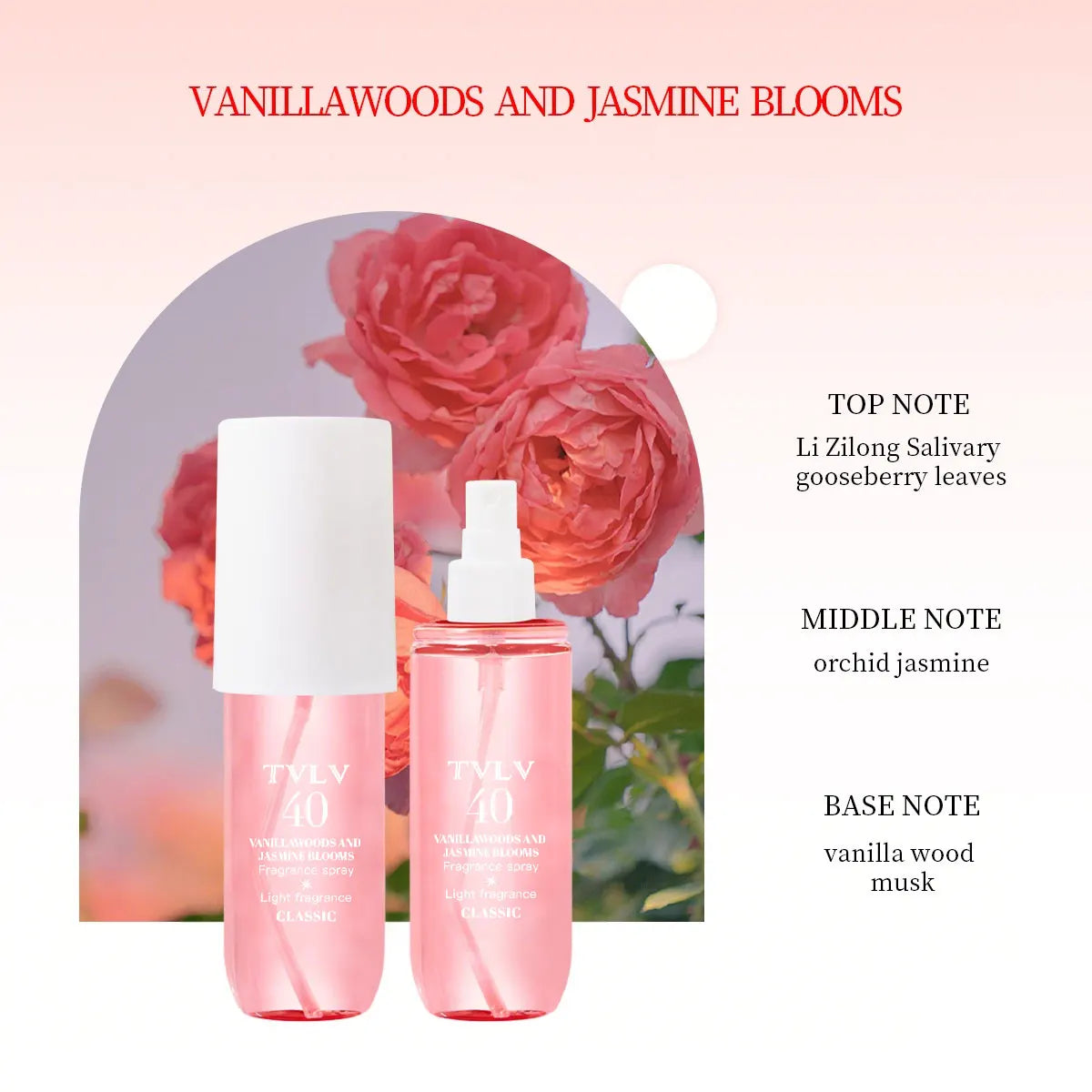 TVLV Vanillawoods & Jasmine long-lasting alcohol-free perfume spray. Pink cylinder bottle, floral musk notes. Unisex.