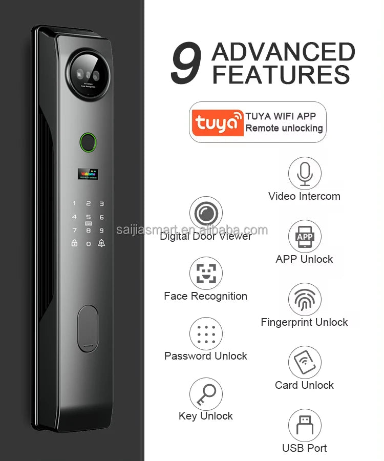 Electronic 3D Face Recognition Automatic Smart Door Lock Fingerprint Tuya Wifi Digital Door Lock With Camera Hot Selling