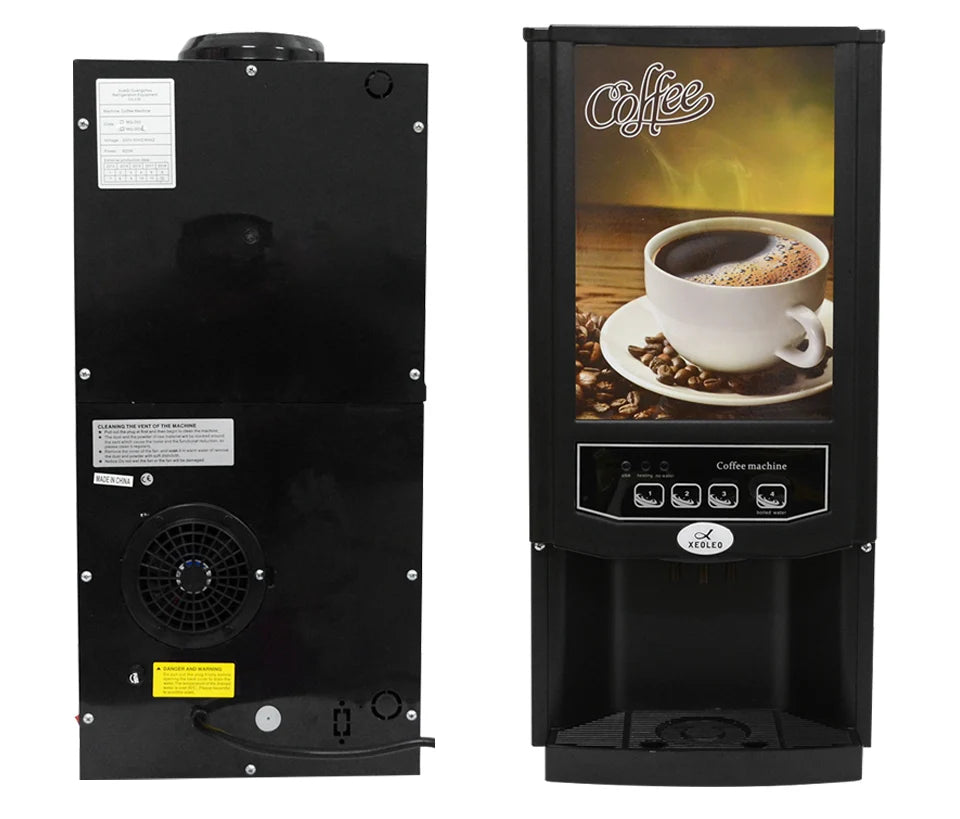 XEOLEO black automatic coffee vending machine with 4-button dispenser, featuring display graphic and rear cooling fan.