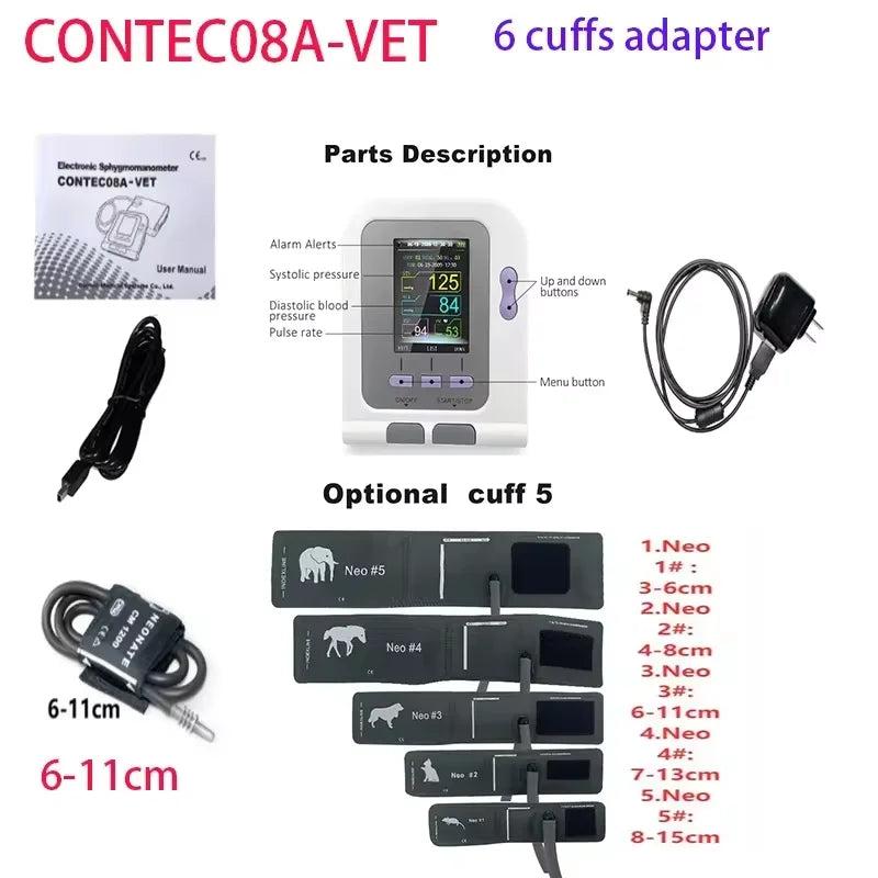 For use in cats and dogs; CONTEC08A veterinary blood pressure monitor, can be used with a blood oxygen probe if desired