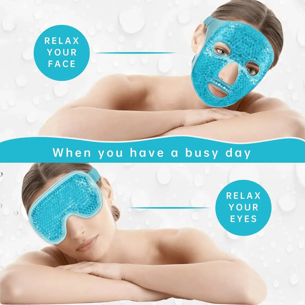 A woman wears a blue gel bead face mask and an eye mask for hot or cold therapy on a white background.