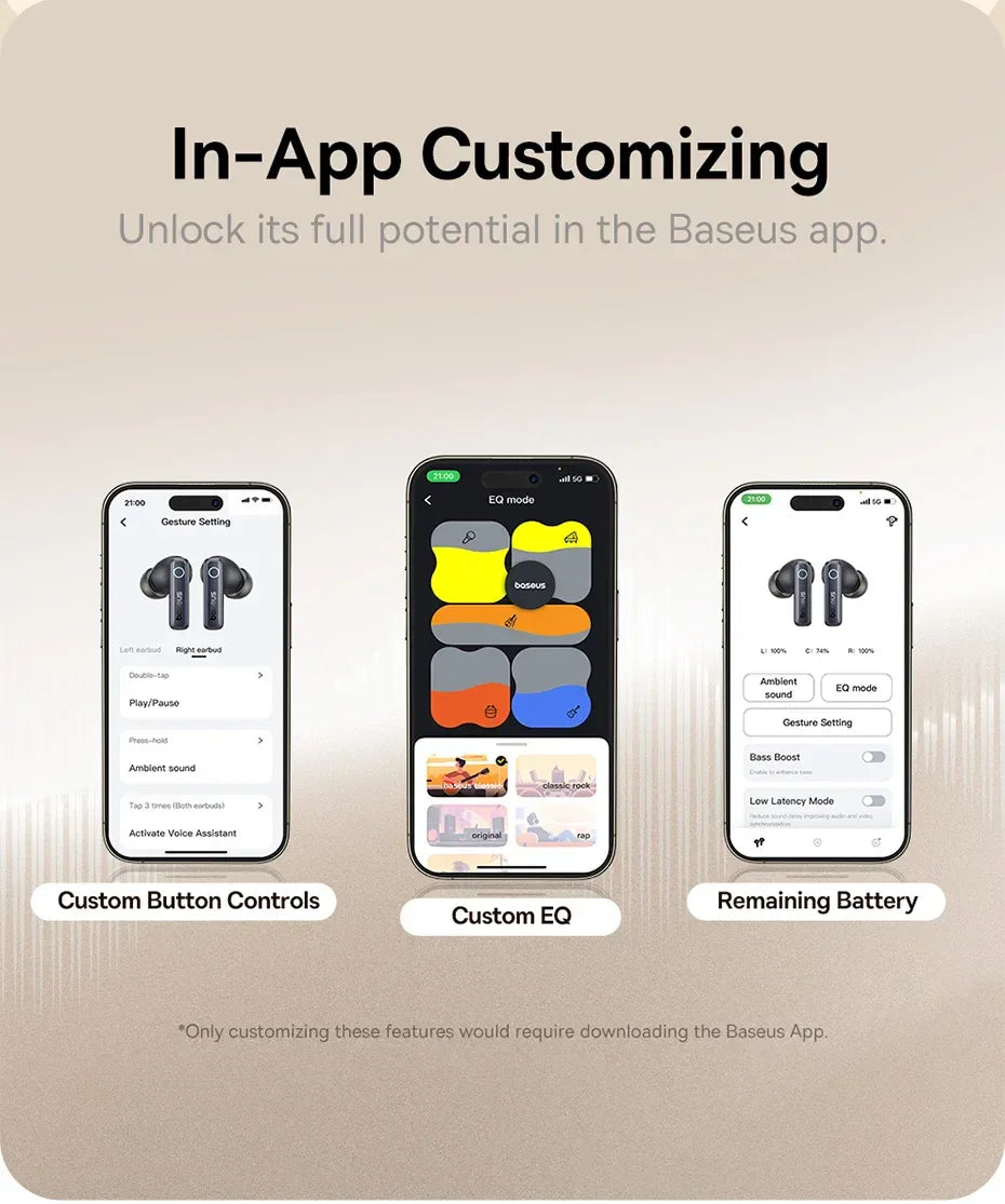 Baseus Bowie 30 Wireless Earphones 50dB Noise Reduction 65Hrs Long Playtime Bluetooth 5.3 Earbuds 6 Mics AI Call Clear Big Bass Tidesmit