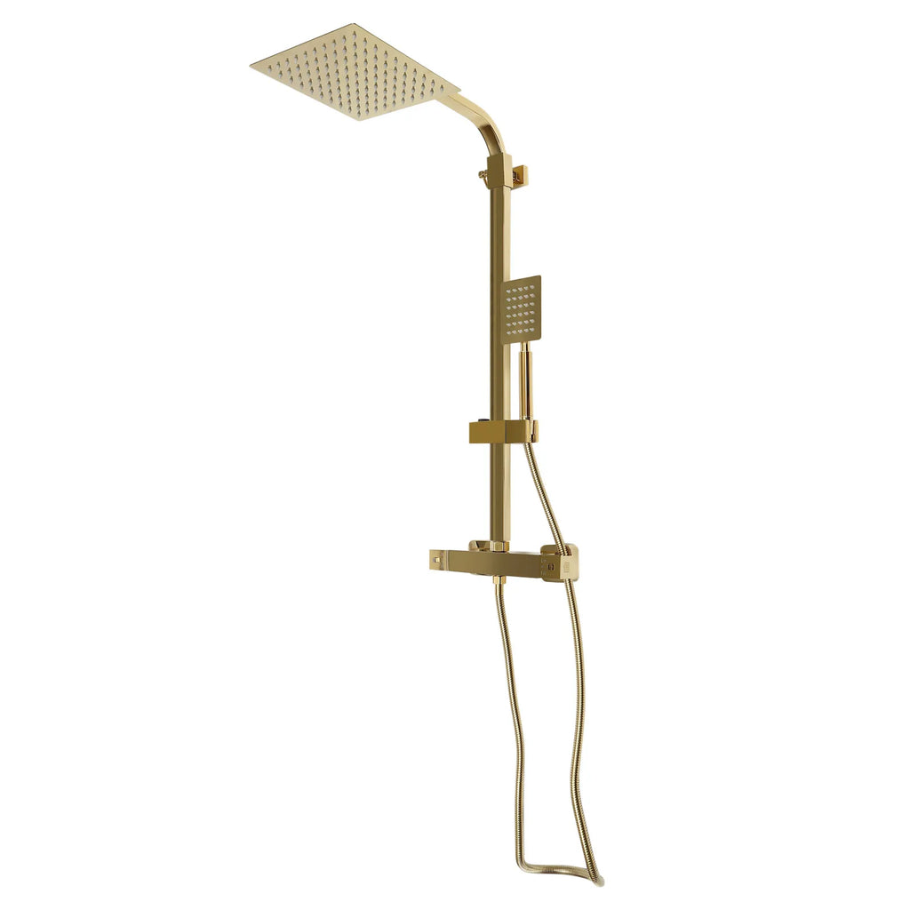 Thermostatic Shower System with Rain Shower Head, Gold Brass Shower Column Set, 304 Stainless Steel 180° Rotating Overhead Shower, 2-Button Temperature Control 0-176°F, Height Adjustable, Anti-Tangle Hose, for Hotel Home KT