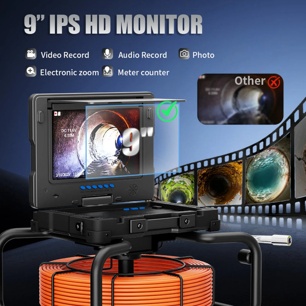 512Hz Self-Leveling Sewer Camera with Meter Counter,9"1080P DVR Drain Inspection Camera,7MM Diameter Cable 32GB TF Card 12 Leds