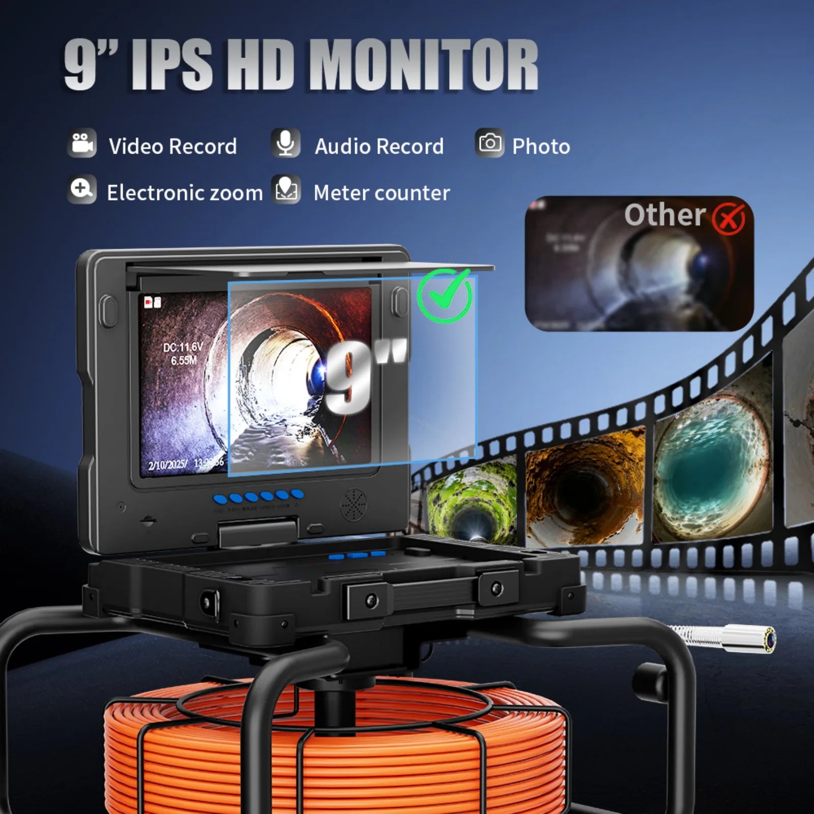 512Hz Self-Leveling Sewer Camera with Meter Counter,9"1080P DVR Drain Inspection Camera,7MM Diameter Cable 32GB TF Card 12 Leds