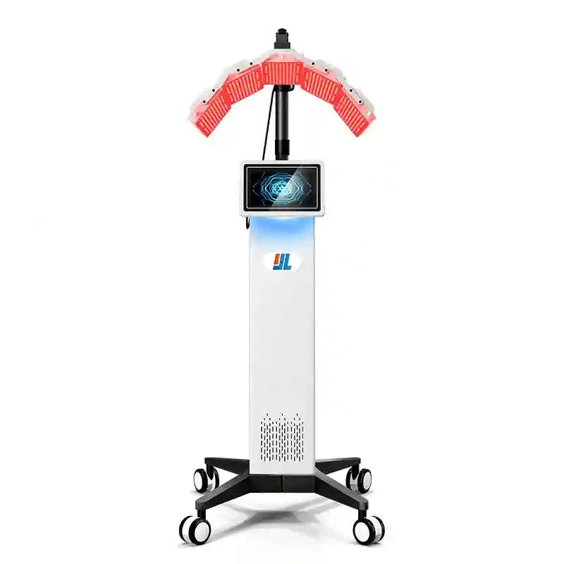 7-color LED light therapy machine with touchscreen on a mobile stand for professional anti-aging facial skincare.