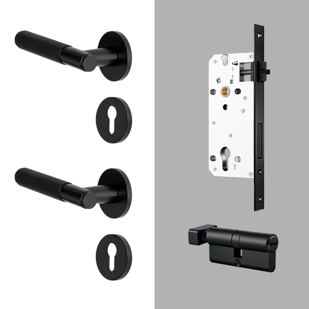 DOOROOM Brass Door Lock Set Modern Knurled Matte Black Interior Door Lock Decorative Lock Privacy Lock Passage Lock