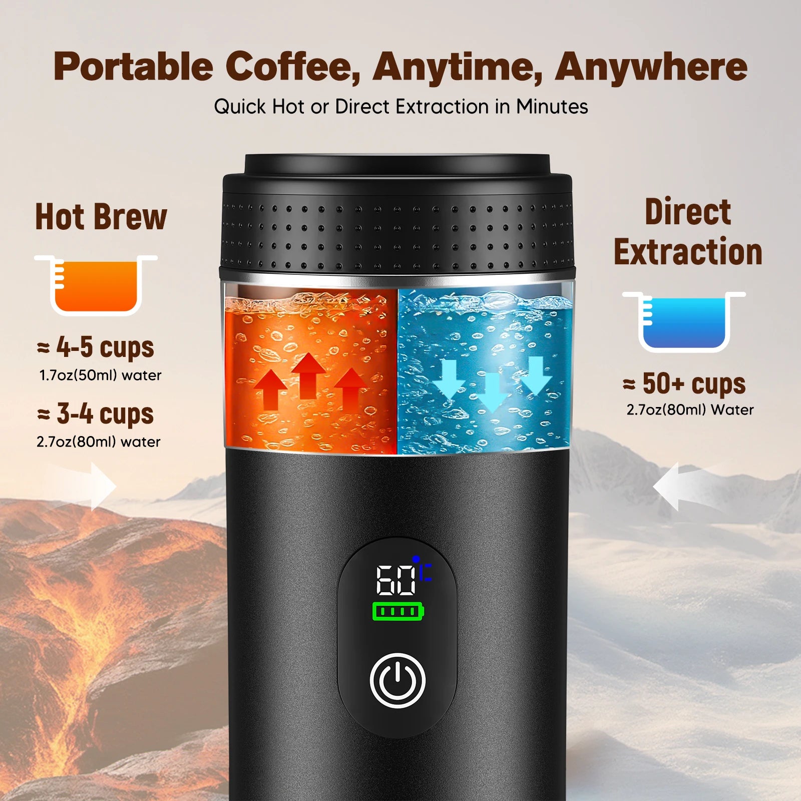 Black portable electric coffee maker with digital temperature display for hot brew and direct extraction methods.