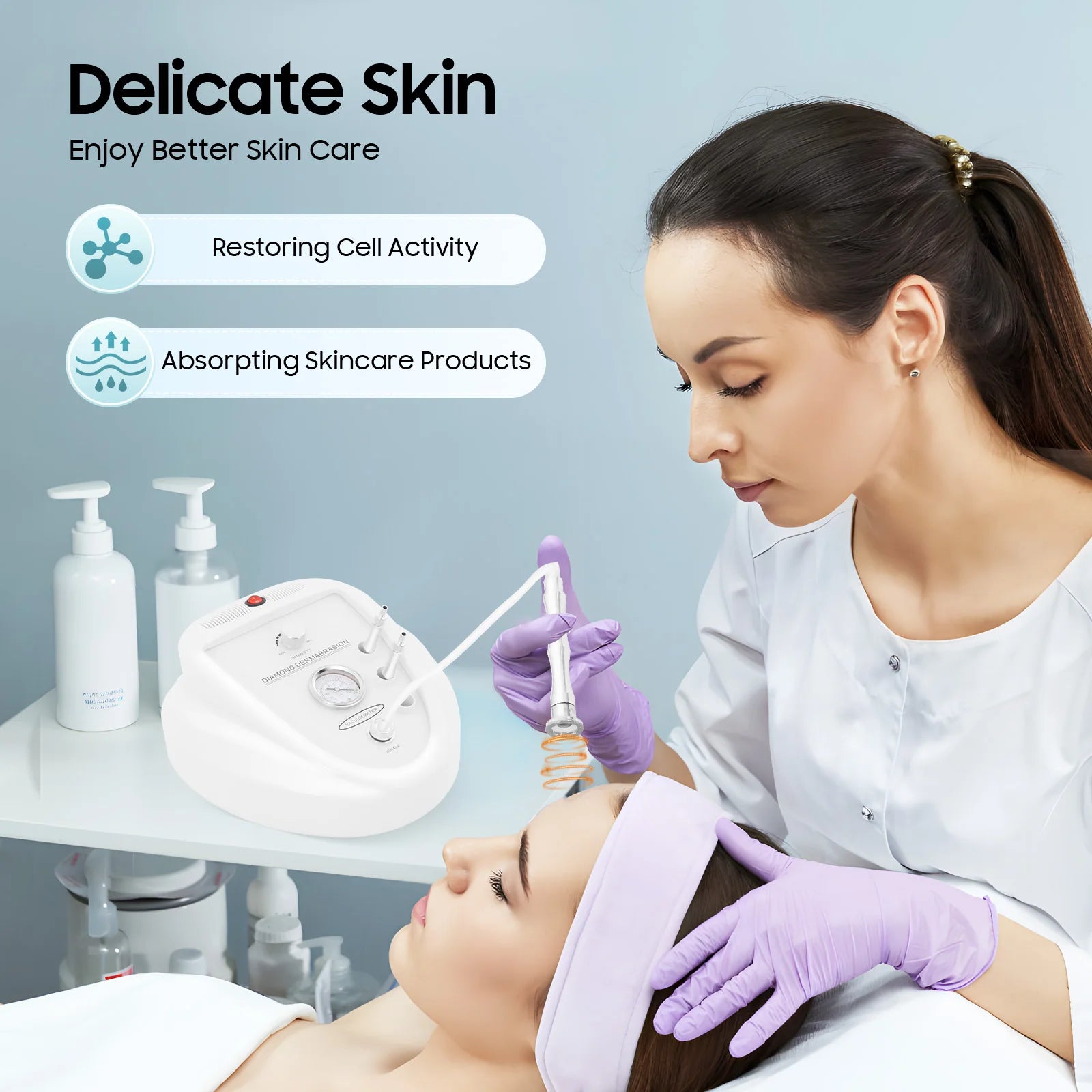 White diamond microdermabrasion machine for home salon use with 9 suction gears, performing facial skin treatment.