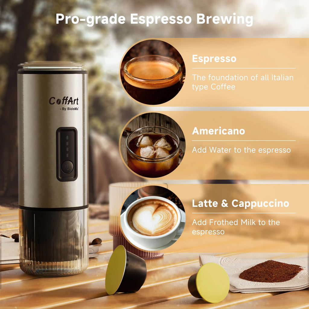 CoffArt by BioloMix portable silver stainless steel espresso maker for capsules and ground coffee on a wood table.