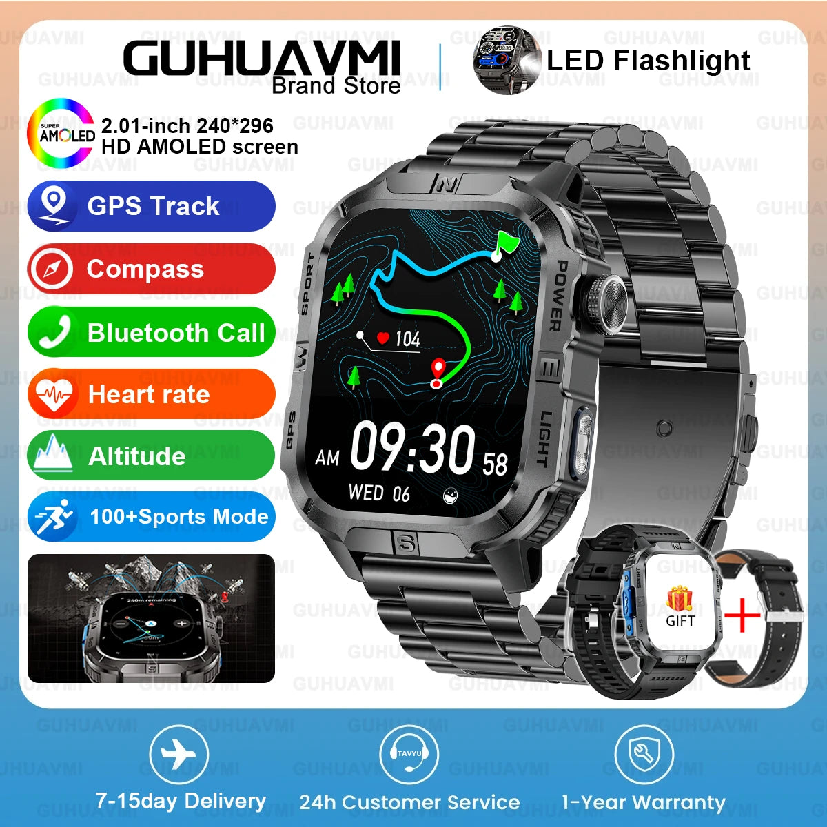 2026New Outdoor Military Men's Smartwatch, Equipped With GPS LED Lighting, Compass, Wireless Communication IP68 Waterproof Watch