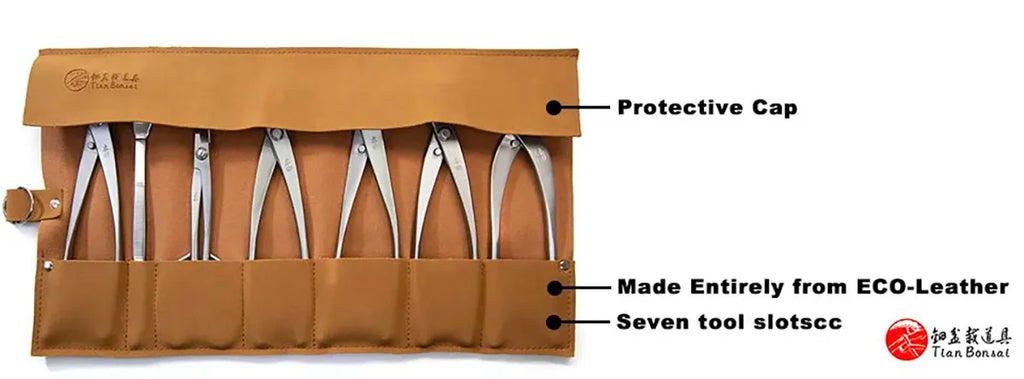 Tan leather tool roll bag with protective cap and seven tool slots