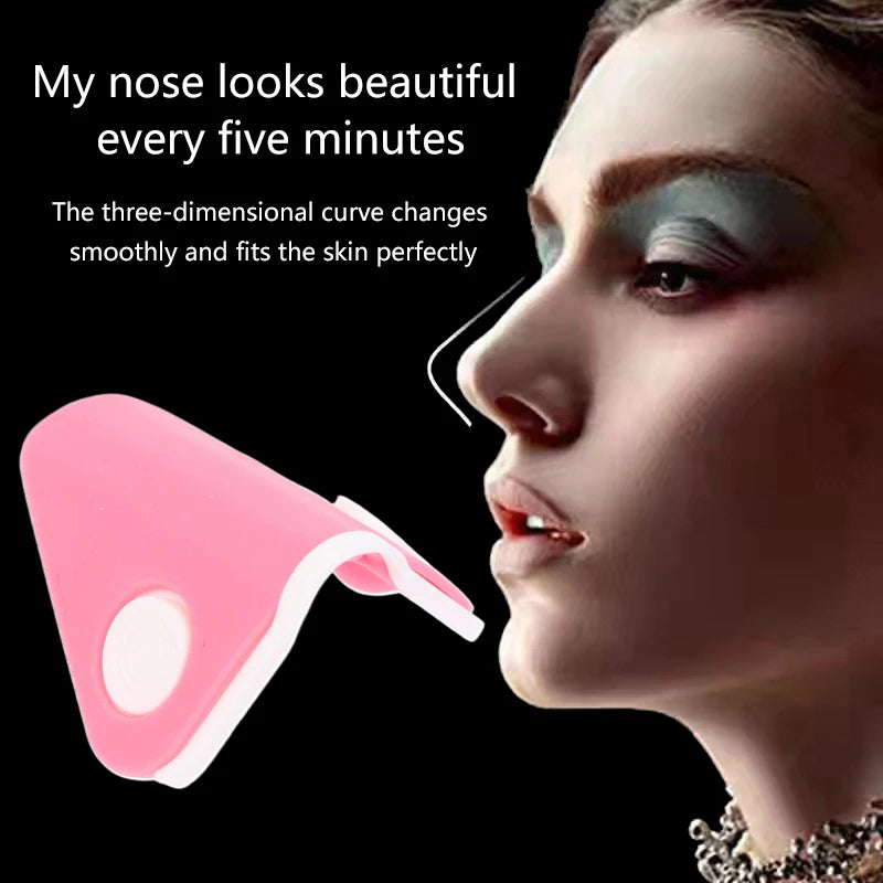 Pink nose shaper lifting clip, silicone bridge straightener for facial contouring and nose reshaping beauty tool.
