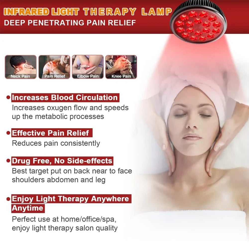 Round red LED infrared light therapy lamp for targeted pain relief and muscle recovery.