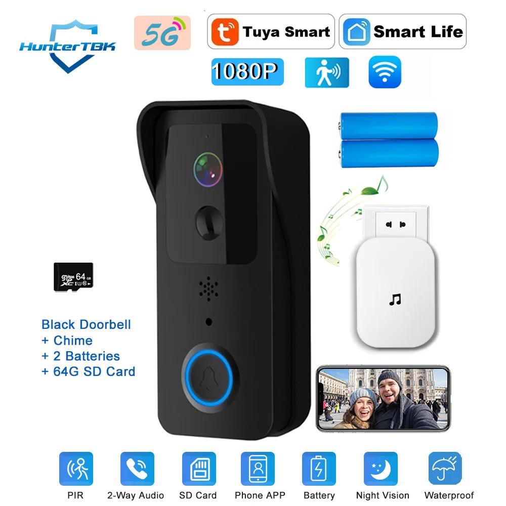 Black WiFi doorbell camera with PIR motion sensor and 64GB SD card, two-way audio