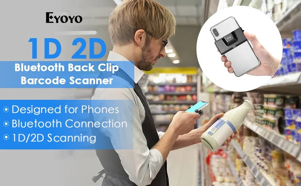 Eyoyo EY-022P Adjustable Back Clip-on 2D Bluetooth Barcode Scanner Auto-sensing Fast Scanning QR PDF417 Bar Code On Screen/Paper