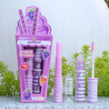 Cute ice cream themed lip balm and shiny gloss set in purple packaging with moisturizing, long-lasting formula.