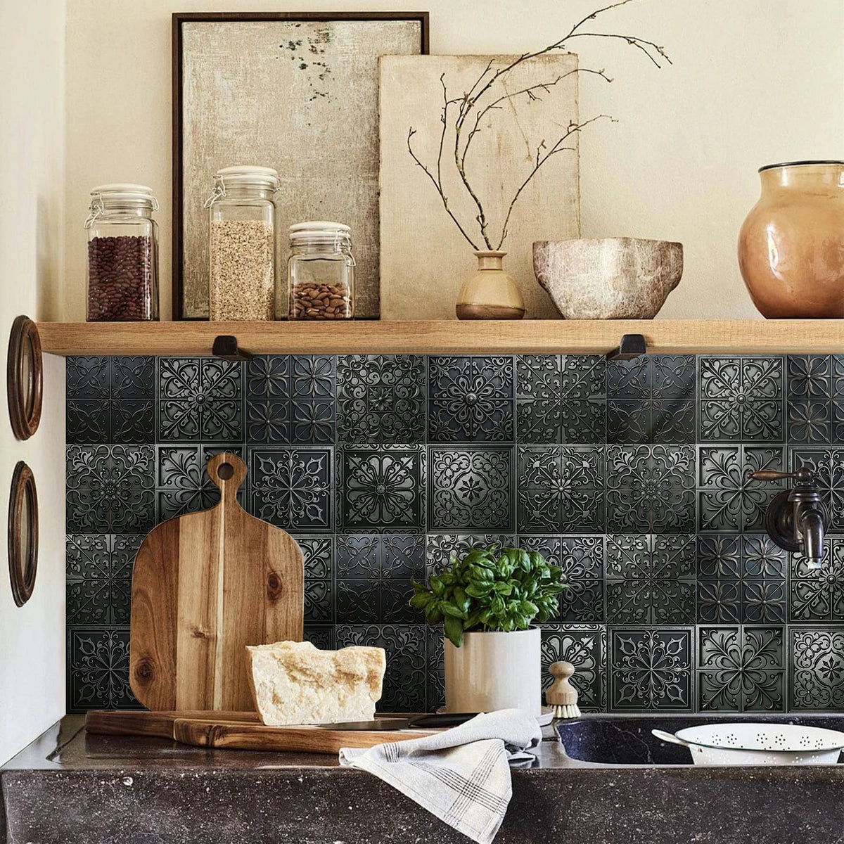 Kitchen wall tile wallpaper stickers with dark gray and black ornamental mandala pattern