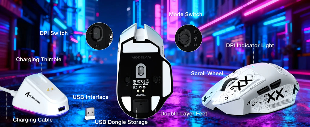 ATTACK SHARK V6 65g Wireless Gaming Mouse RGB Magnetic Charging Dock Wireless/Wired Mouse 1K Polling PAW3311 Office Gamer Mice