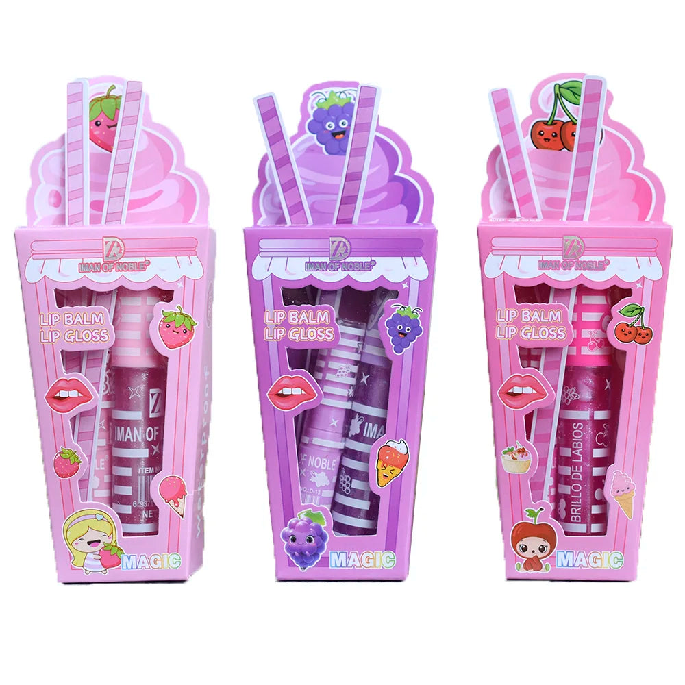 Set of 3 cute ice cream-themed lip gloss and balm tubes in strawberry, grape, and cherry scents with shiny finish.