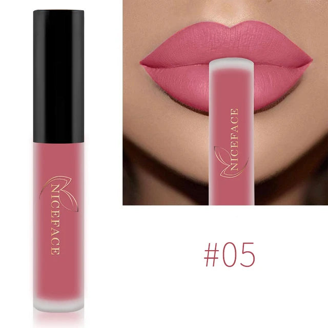 Niceface waterproof matte liquid lipstick #05, a long-lasting pink rose lip gloss for smooth, pigmented lip makeup.