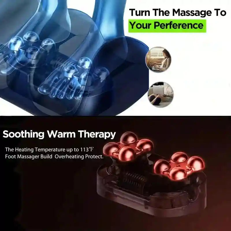 Electric heated foot and leg massager with deep tissue shiatsu rollers for pain relief, fatigue, and stress reduction.