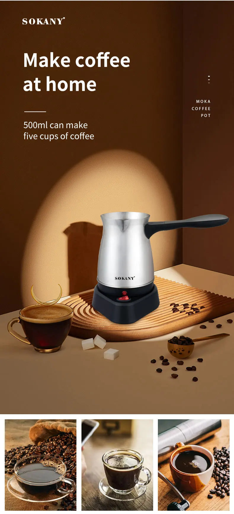 Sokany 500ml stainless steel electric Turkish coffee maker with a black base and long handle on a wooden tray.