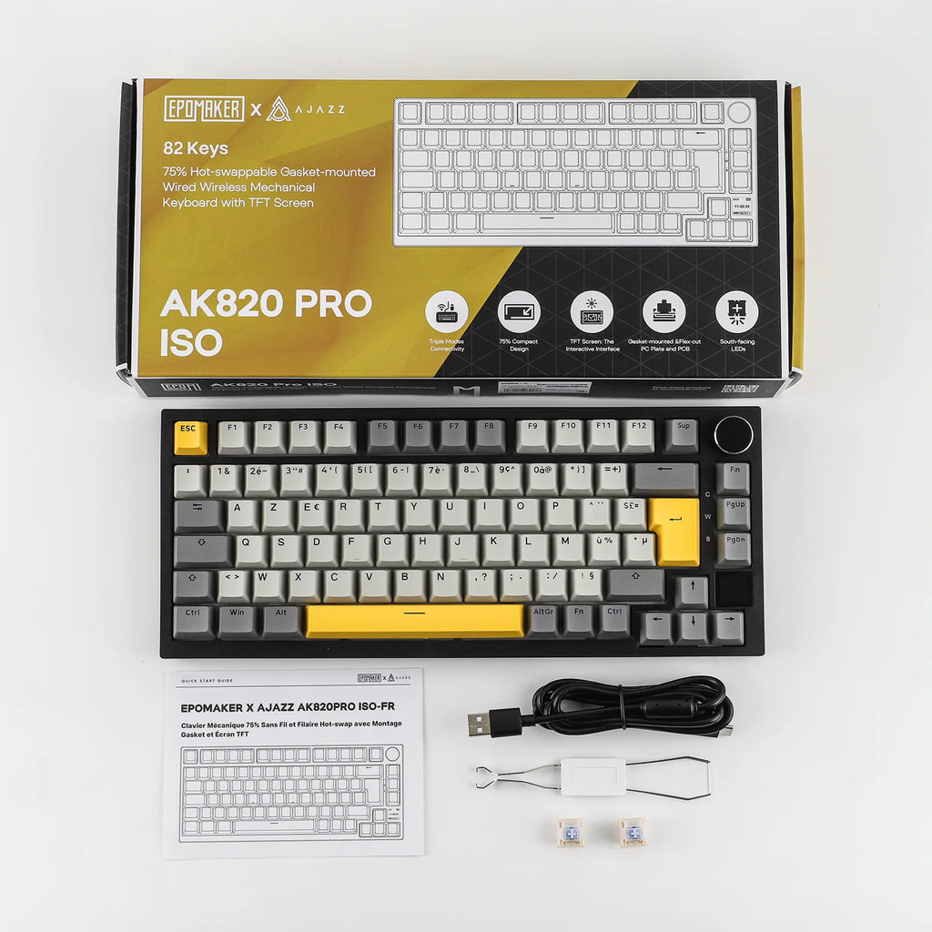 ISO-FR Layout EPOMAKER X AJAZZ AK820 PRO 75% AZERTY French Gasket Wired/Bluetooth/2.4GHz Wireless Mechanical Keyboard with Interactive TFT & 4000mAh