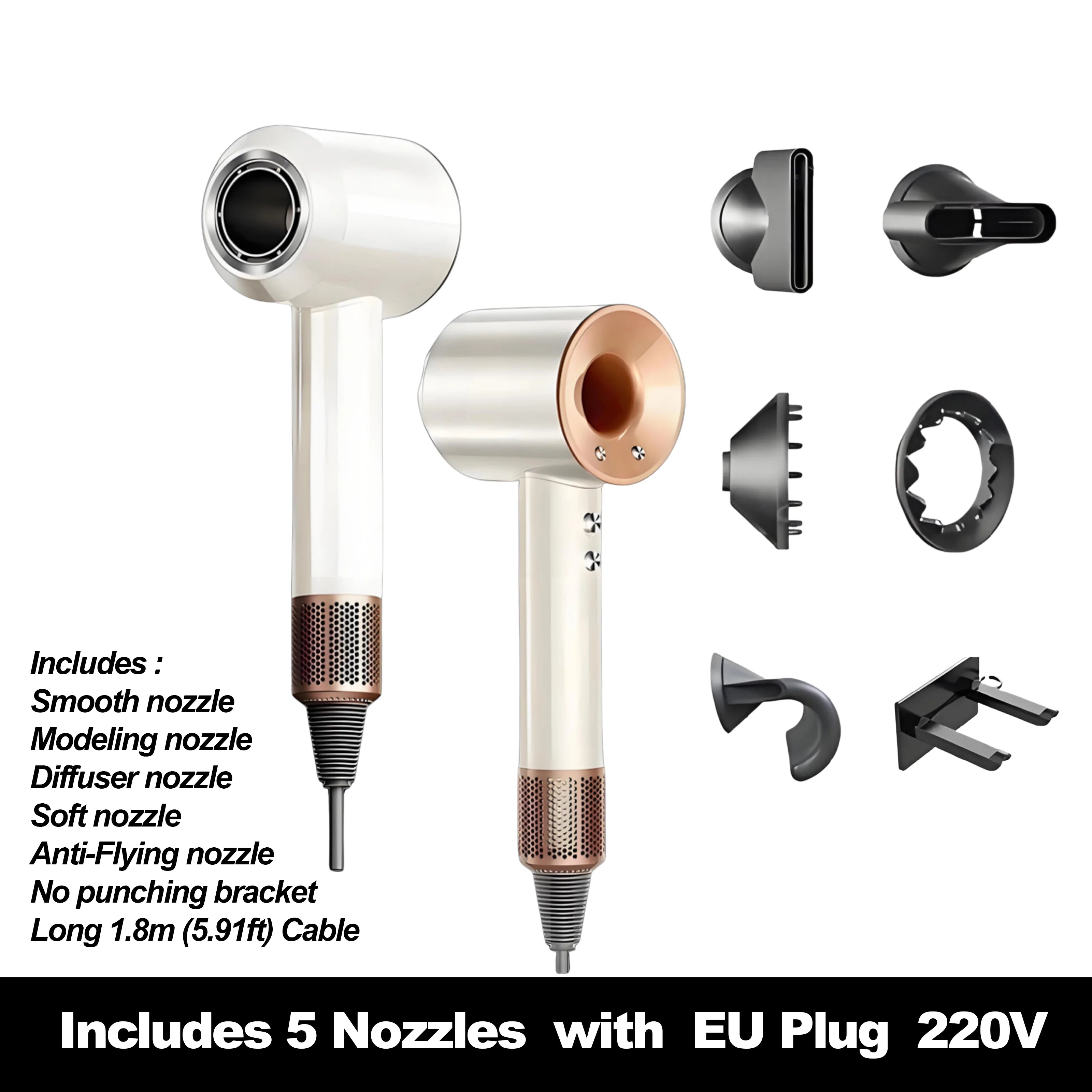 White high-speed hair dryer with 5 magnetic nozzles, negative ion technology, and rose gold accents for salon styling.