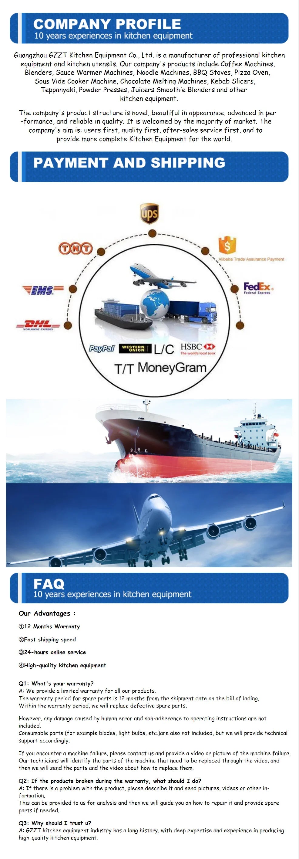 GZZT Kitchen Equipment company profile and shipping information flyer for professional coffee machines and appliances.