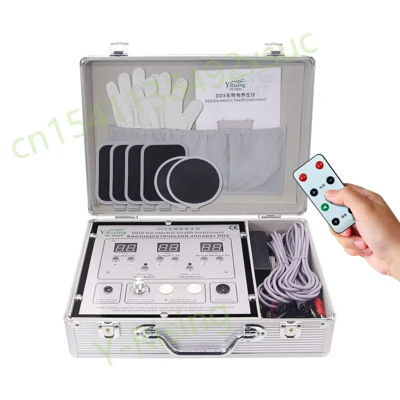 DDS bioelectric therapy device in silver carrying case with remote, conductive gloves, and electrode pads for massage.