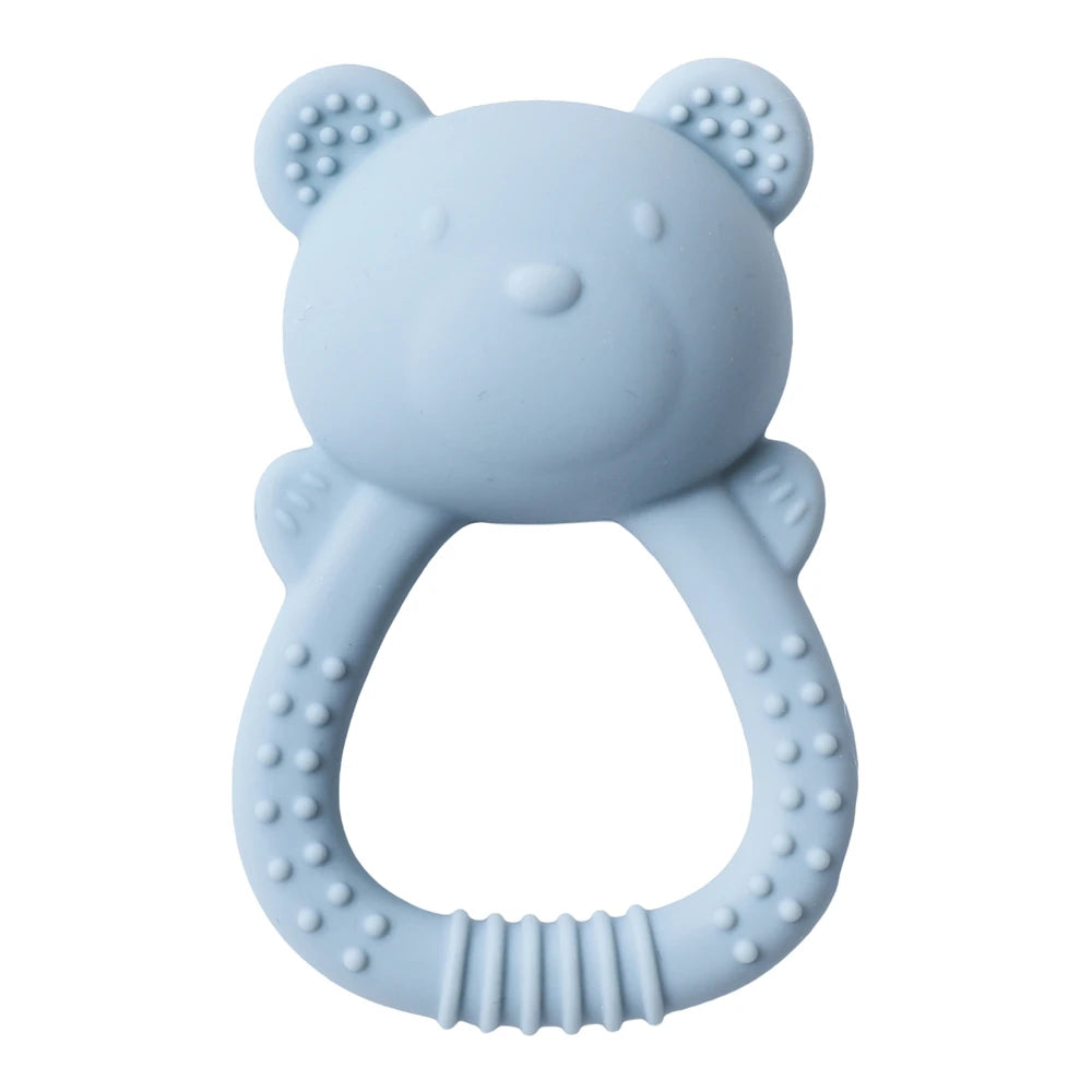 Light blue silicone bear teething toy for baby teething relief.