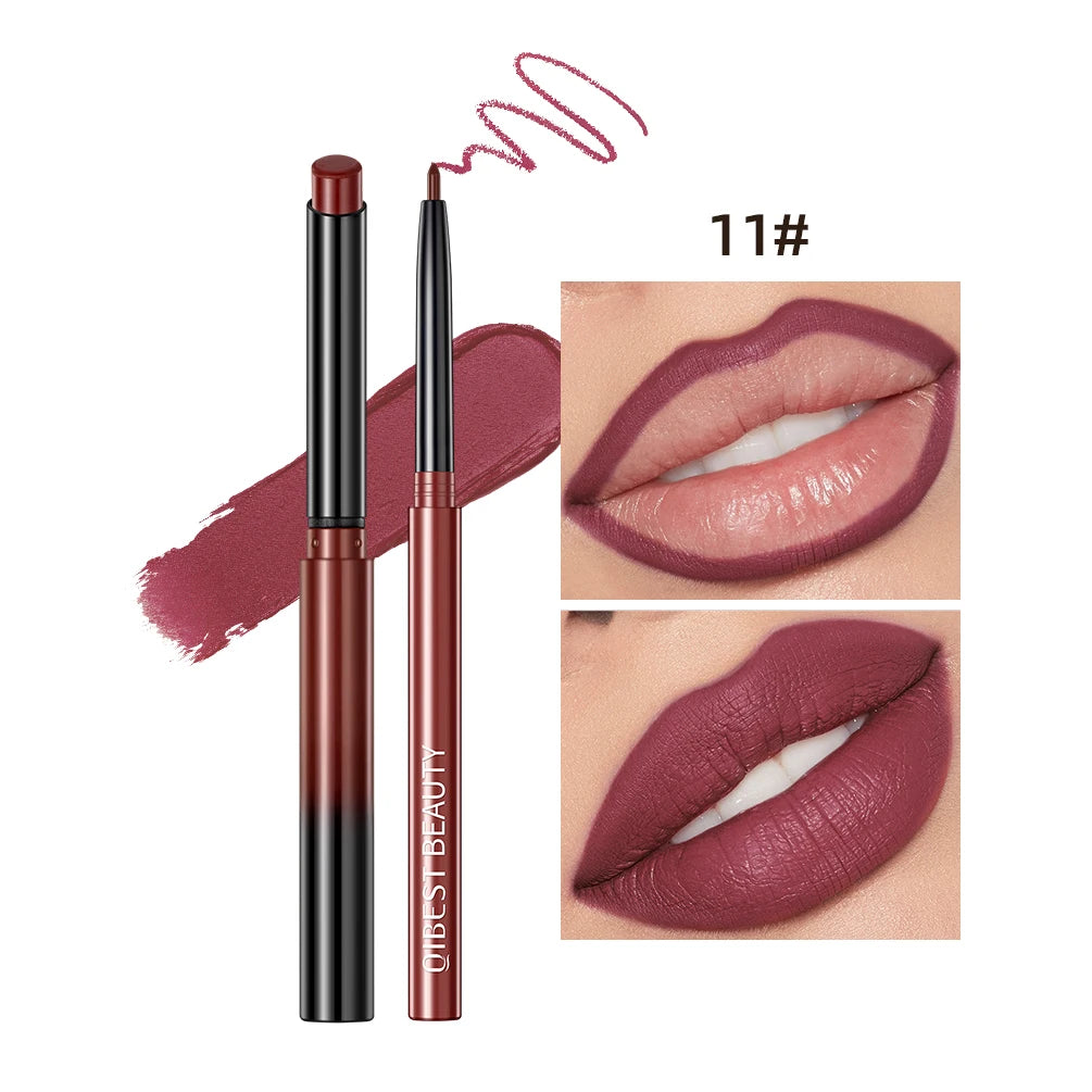 QIBEST 11# berry matte lipstick and waterproof lip liner pen set for long-lasting, defined lip makeup looks.