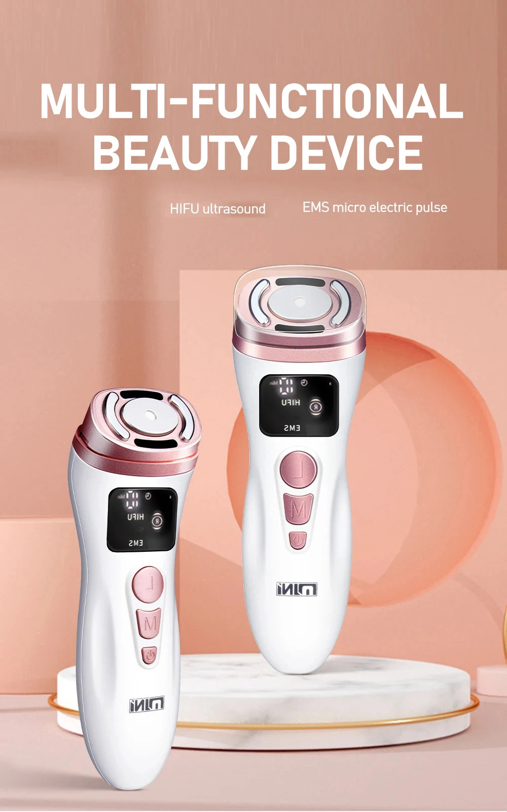 Two white and rose-gold handheld HIFU and EMS facial beauty devices on a marble stand against a peach background.