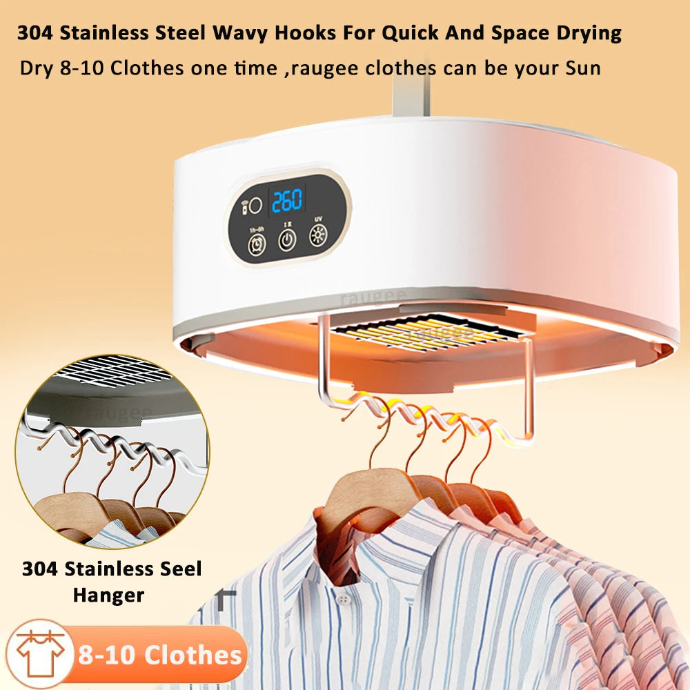 Tidesmit portable folding electric clothes dryer showing remote control features for UV laundry sterilization