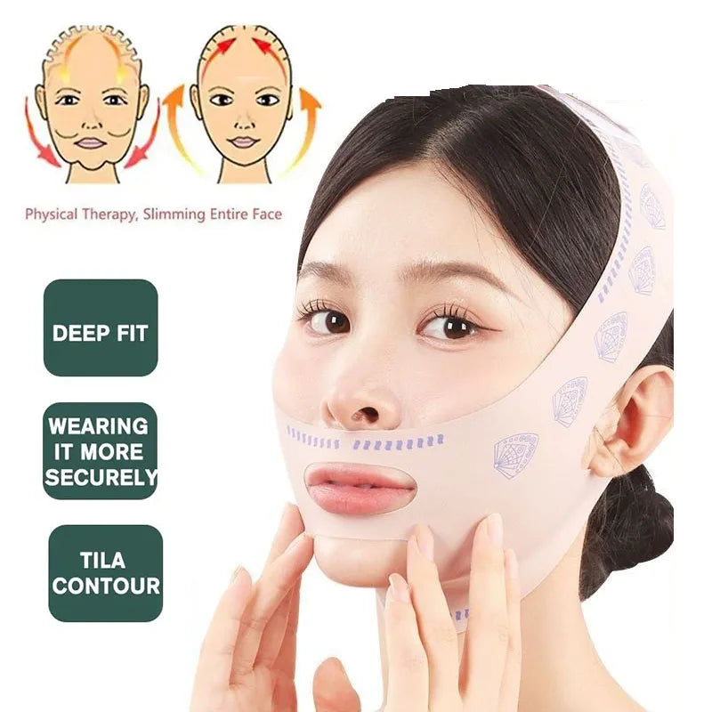 Pink double chin slimming face bandage for lifting, face contouring, and V-line shaping, worn by a woman.