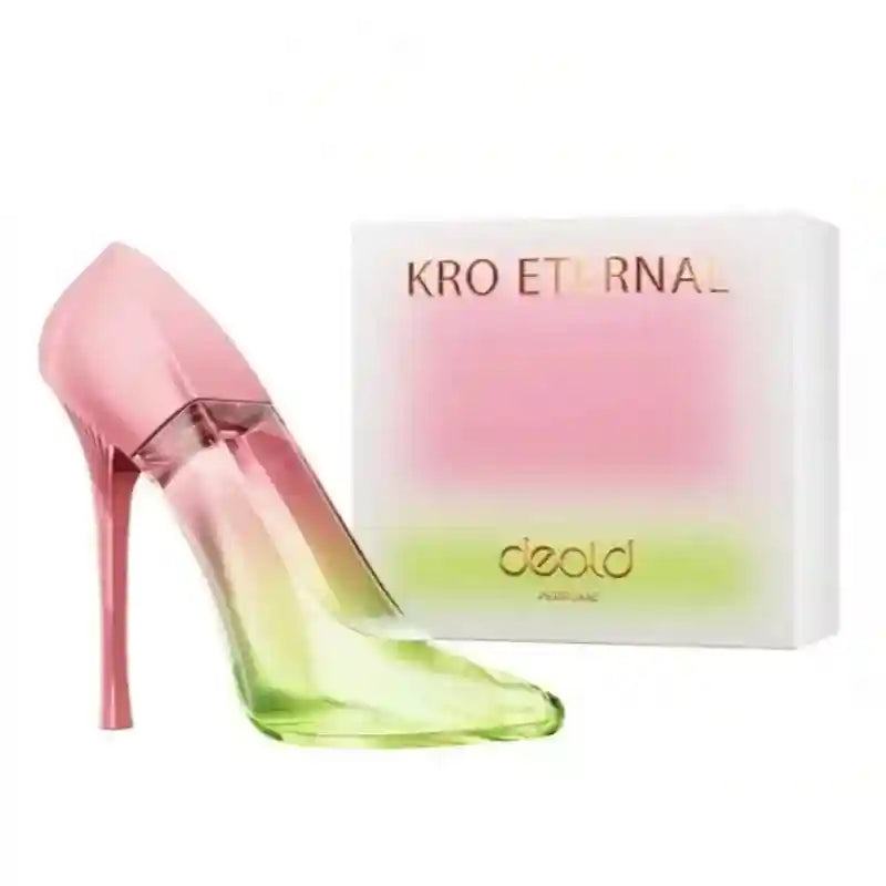 Kro Eternal Deold 50ml women’s luxury musk perfume, elegant high heel bottle design, gradient pink and lime fragrance.