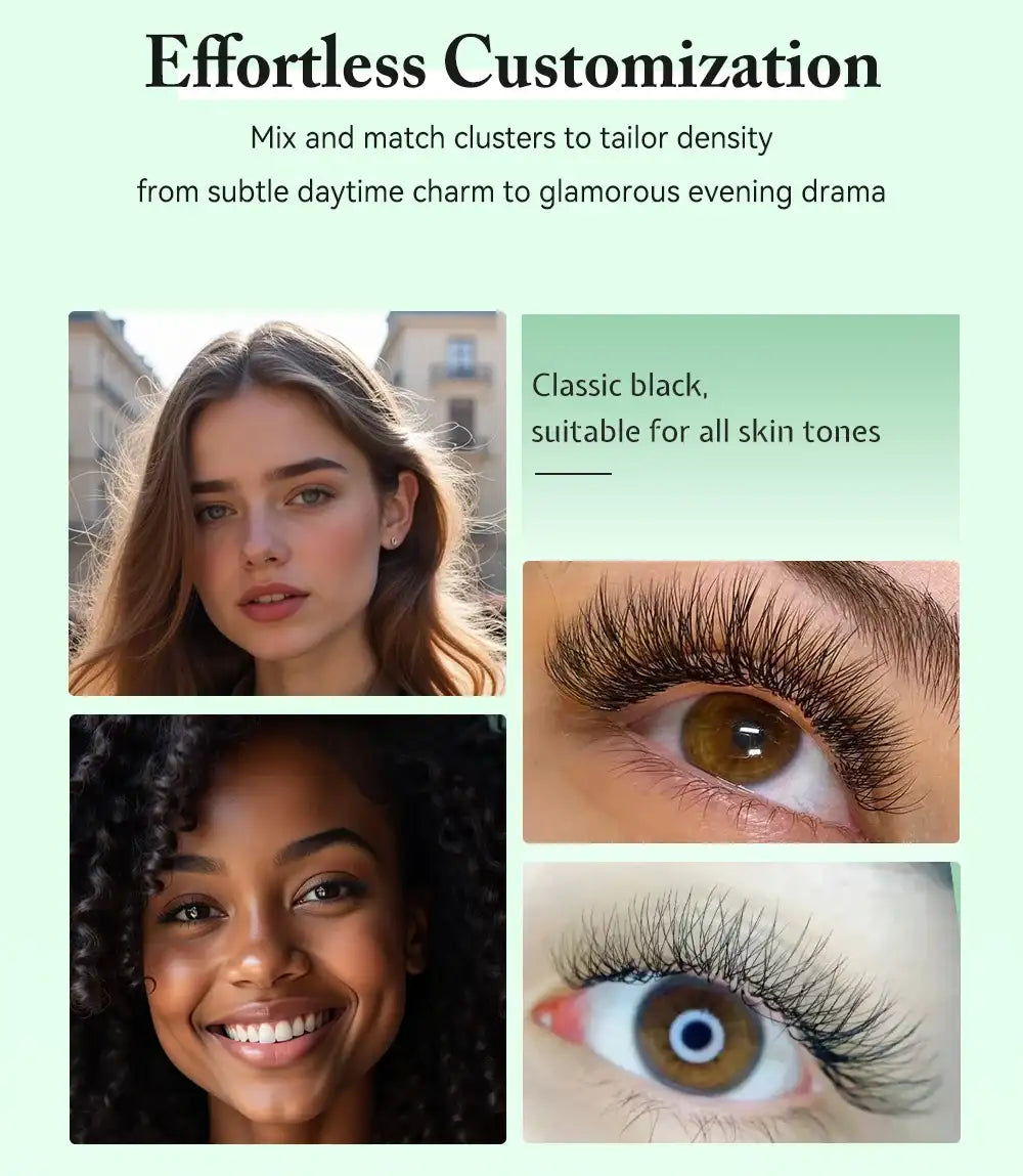 Soft, black 3D W-shape volume eyelash extension clusters shown on two diverse models for a natural, customized look.