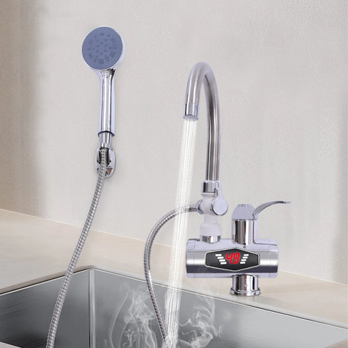 Instant electric water heater faucet with handheld shower head, braided hose, and red LCD
