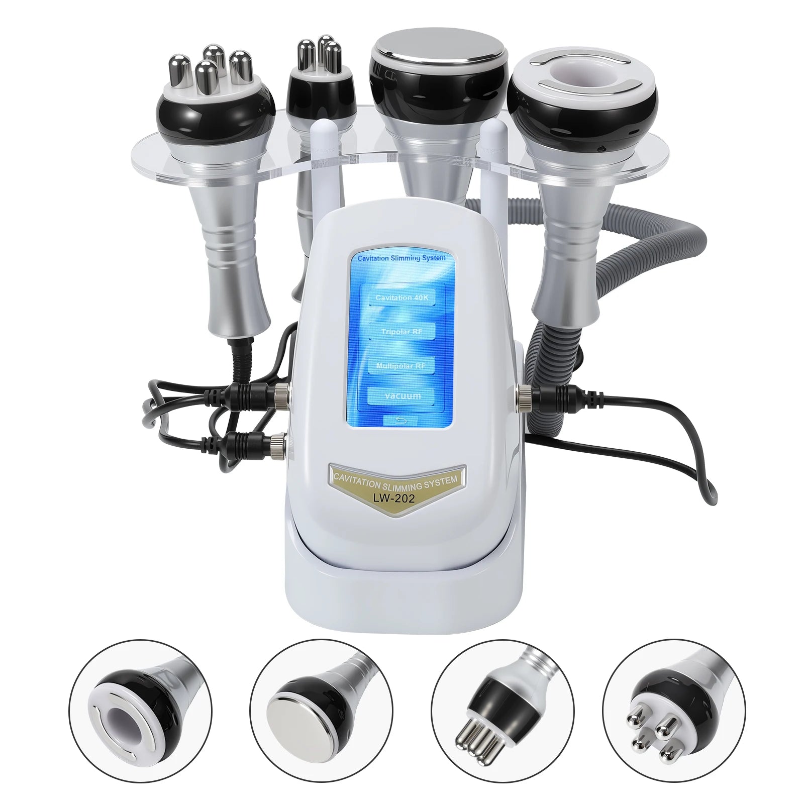 4-in-1 professional cavitation slimming and anti-aging beauty machine with RF ultrasound probes on a white base.