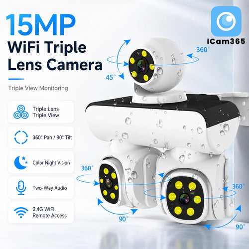 White PTZ security camera with three lenses and weatherproof housing