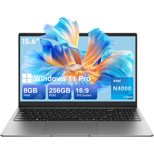 Silver 15.6-inch laptop with slim bezels, a full keyboard including a number pad, and a large trackpad.