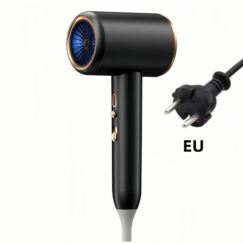 Black 2400W high-speed hair dryer with blue light, negative ions, gold accents, and EU plug for professional drying.