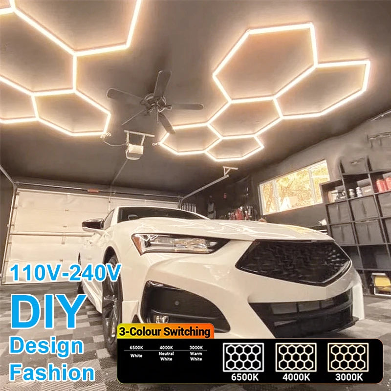 Ceiling-mounted hexagon LED garage lights with glowing honeycomb light panels