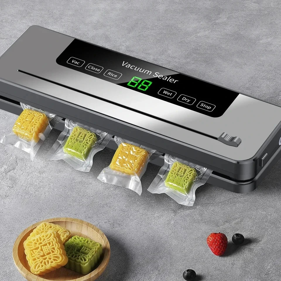 Tidesmit Electric Vacuum Sealer showing built-in cutter and wet/dry food sealing touch buttons, side angle view.